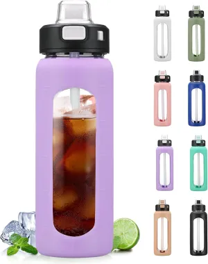 BLUEGO 24oz Glass Water Bottle, Motivational Water Bottle with Time Marker and Straw, Water Bottles with Locking Lid and soft Carry Loop, Borosilicate glass water bottle Jug for Gym, Purple