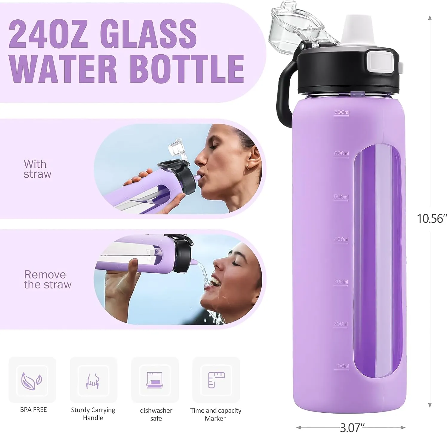 BLUEGO 24oz Glass Water Bottle, Motivational Water Bottle with Time Marker and Straw, Water Bottles with Locking Lid and soft Carry Loop, Borosilicate glass water bottle Jug for Gym, Purple