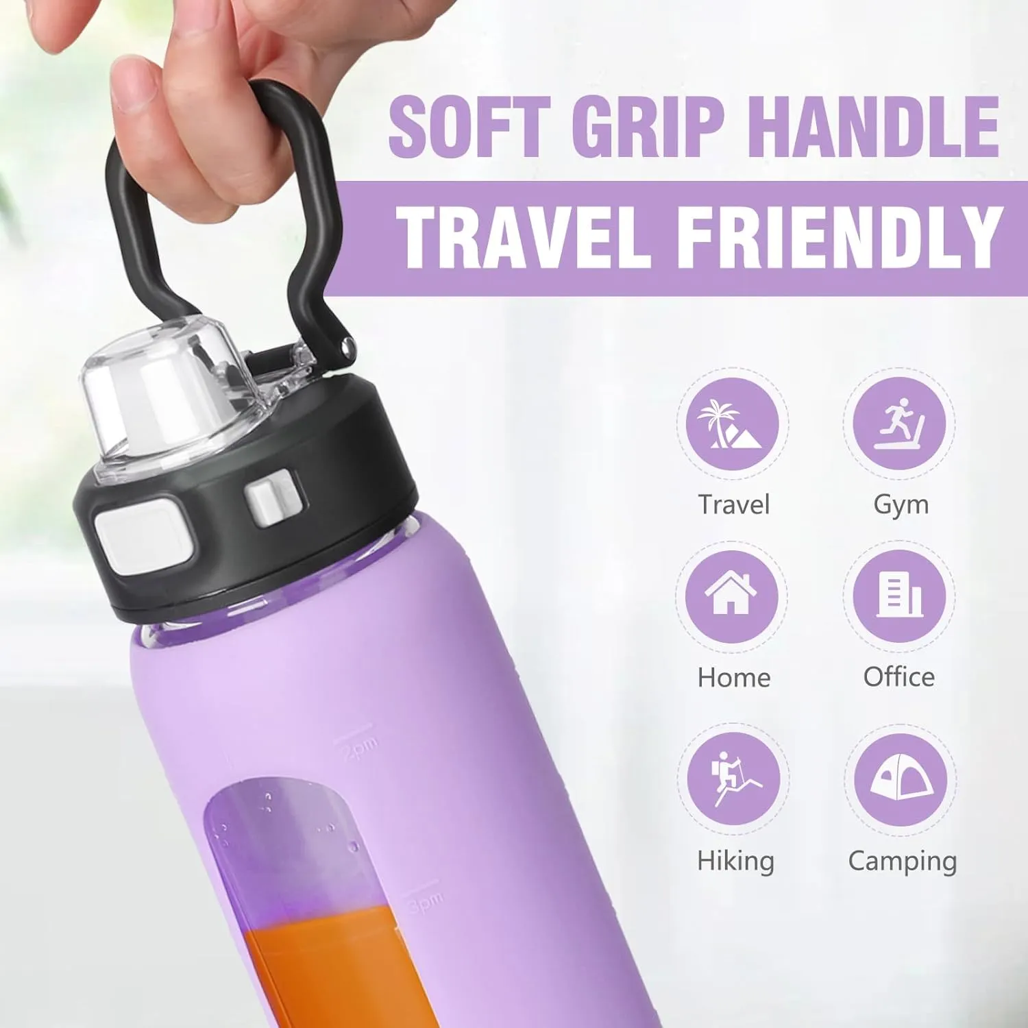 BLUEGO 24oz Glass Water Bottle, Motivational Water Bottle with Time Marker and Straw, Water Bottles with Locking Lid and soft Carry Loop, Borosilicate glass water bottle Jug for Gym, Purple