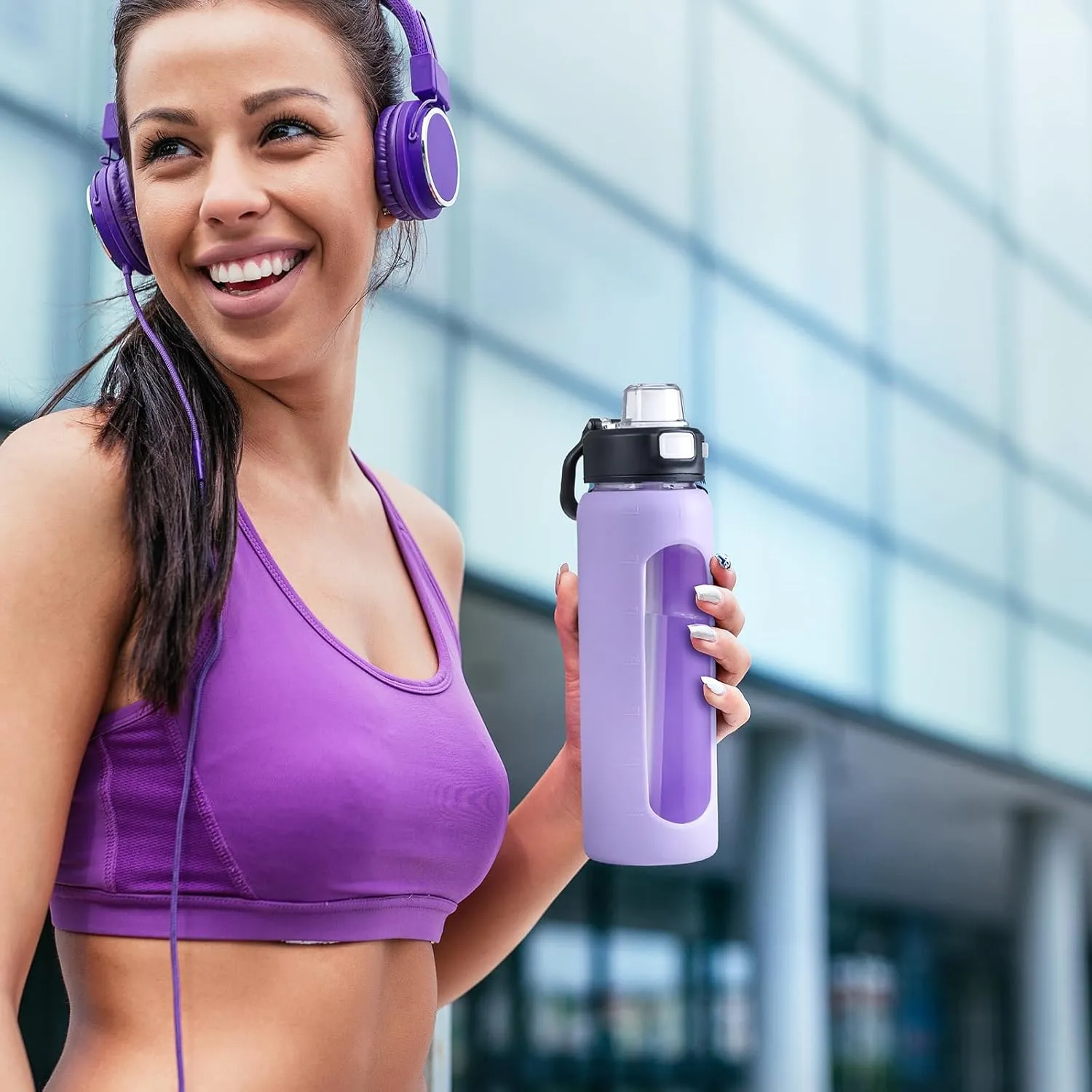 BLUEGO 24oz Glass Water Bottle, Motivational Water Bottle with Time Marker and Straw, Water Bottles with Locking Lid and soft Carry Loop, Borosilicate glass water bottle Jug for Gym, Purple
