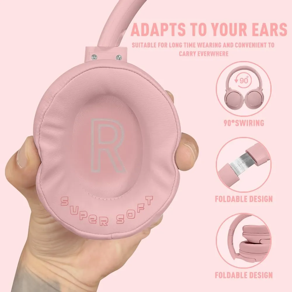 Bluetooth 5.3 Headphones Over Ear 68H Playtime 6 EQ Wireless Headset with Microphone HiFi Stereo Foldable Lightweight Deep Bass for Travel Home Office Cellphone Pink