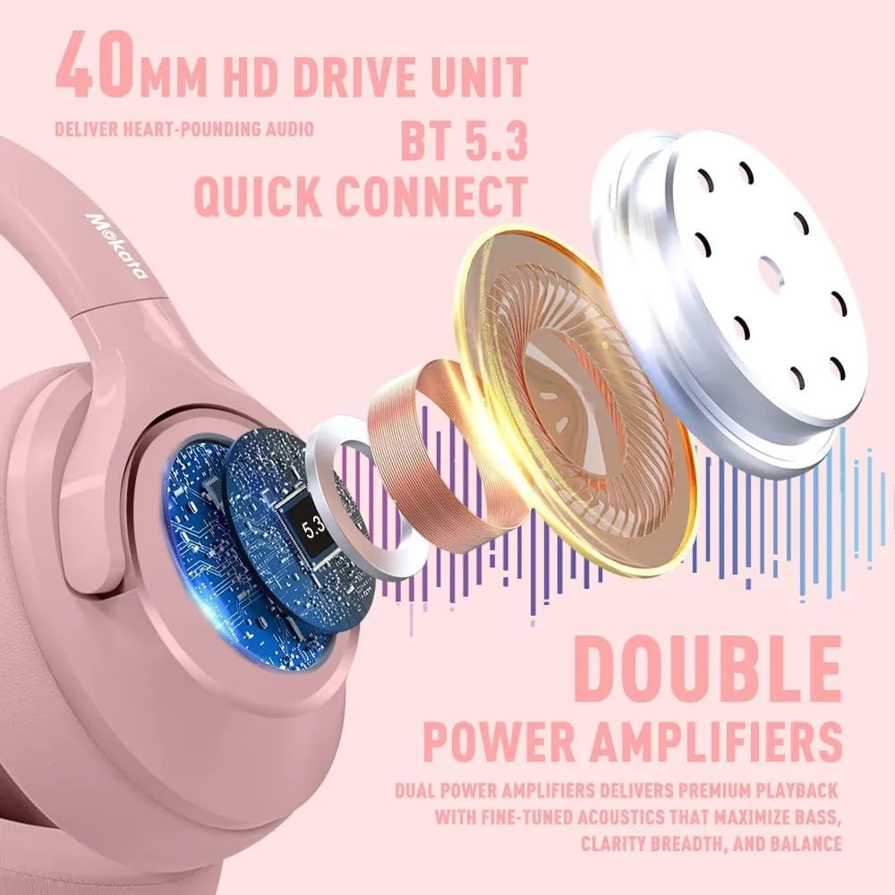 Bluetooth 5.3 Headphones Over Ear 68H Playtime 6 EQ Wireless Headset with Microphone HiFi Stereo Foldable Lightweight Deep Bass for Travel Home Office Cellphone Pink