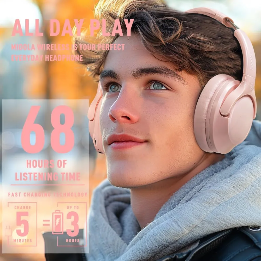 Bluetooth 5.3 Headphones Over Ear 68H Playtime 6 EQ Wireless Headset with Microphone HiFi Stereo Foldable Lightweight Deep Bass for Travel Home Office Cellphone Pink