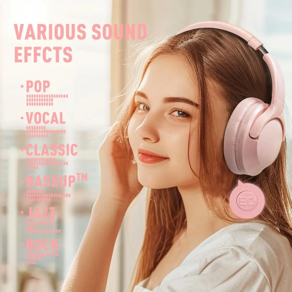 Bluetooth 5.3 Headphones Over Ear 68H Playtime 6 EQ Wireless Headset with Microphone HiFi Stereo Foldable Lightweight Deep Bass for Travel Home Office Cellphone Pink