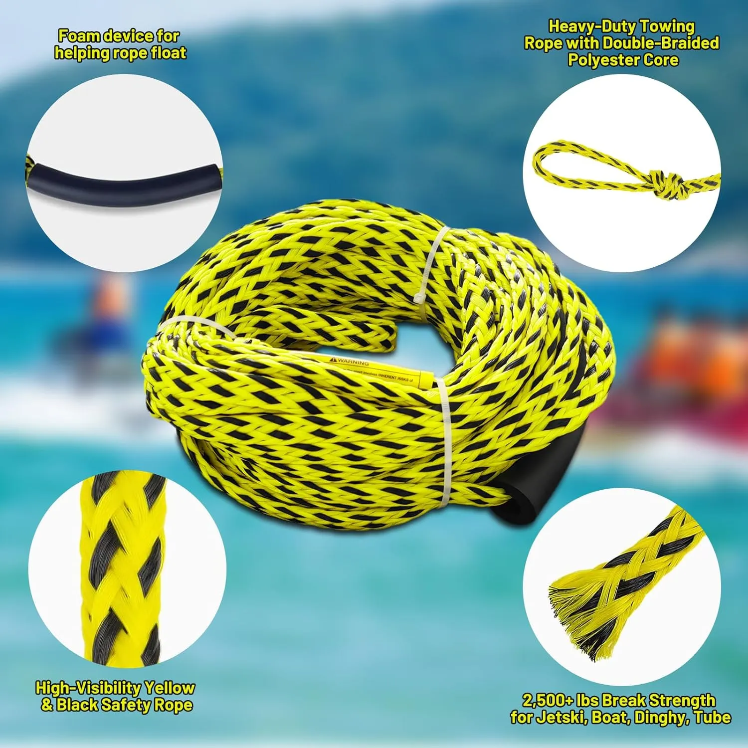 Boat Tow Rope for Tubing, 60FT Tube Boating Ropes Heavy Duty Thick for Ski Float Water Skiing with Floating Foam Wakeboard Towable Tube with Bag Yellow and Black