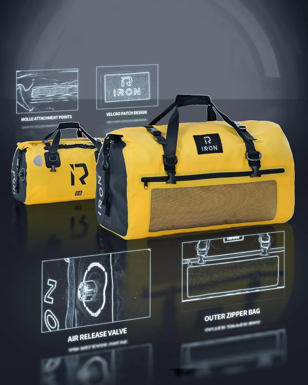 BORLENI Waterproof Motorcycle Dry Duffel Bag Luggage Tail Bag with Large Storage Space,Roll Top Closure, Shoulder Straps, Inner Pocket and Mesh Pocket for Motorcycling Travel Camping(Yellow,50L)