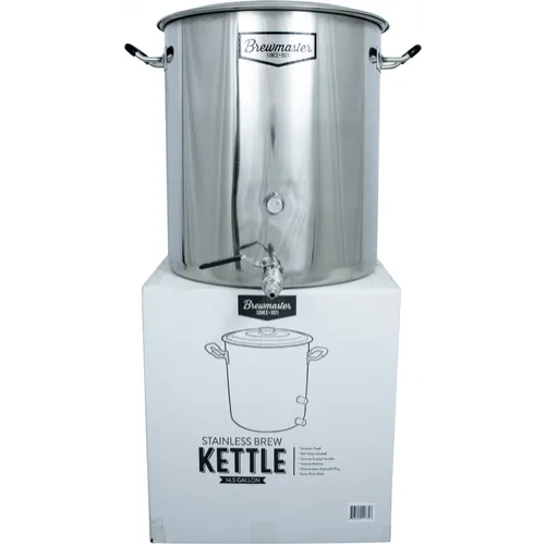 Brewmaster 14 Gallon Brew Kettle | Stainless Steel | Two Welded Couplers | Ball Valve Included | Silicone Handle Grips | Volume Markers