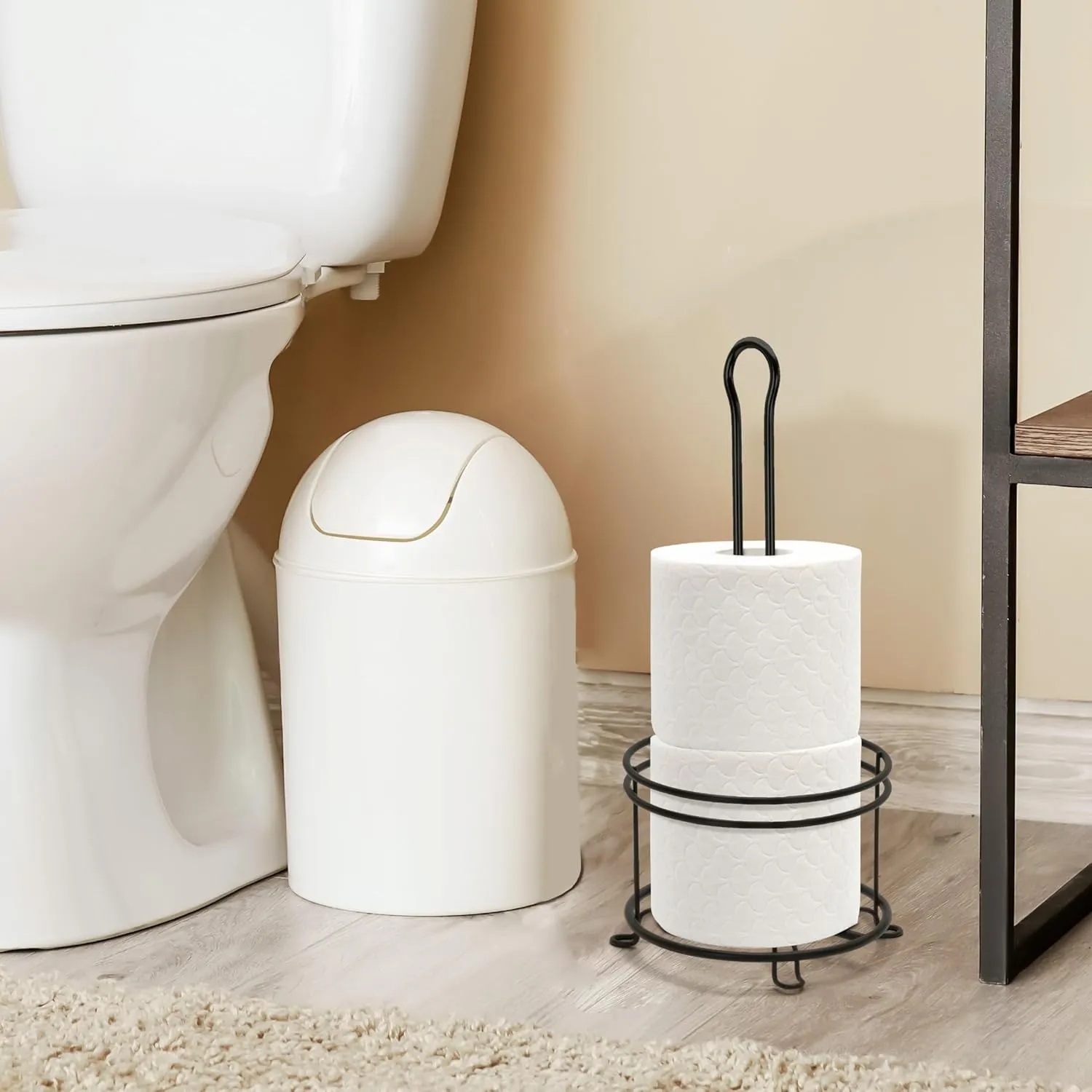 BROOKSTONE, Stylish Toilet Paper Holder, Freestanding Bathroom Tissue Organizer, Minimalistic Storage Solution, Modern Trending Design [Holds MEGA Rolls], Black