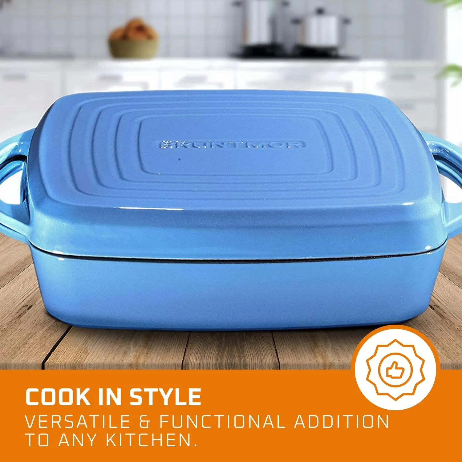 Bruntmor 2-in-1 Pre-Seasoned Square Cast Iron Dutch Oven with Dual Handles, Non Stick Pan with Grill, All-in-One Cookware Set, Cast Iron Casserole Dish with Lid for Braising Dishes,Whale Blue