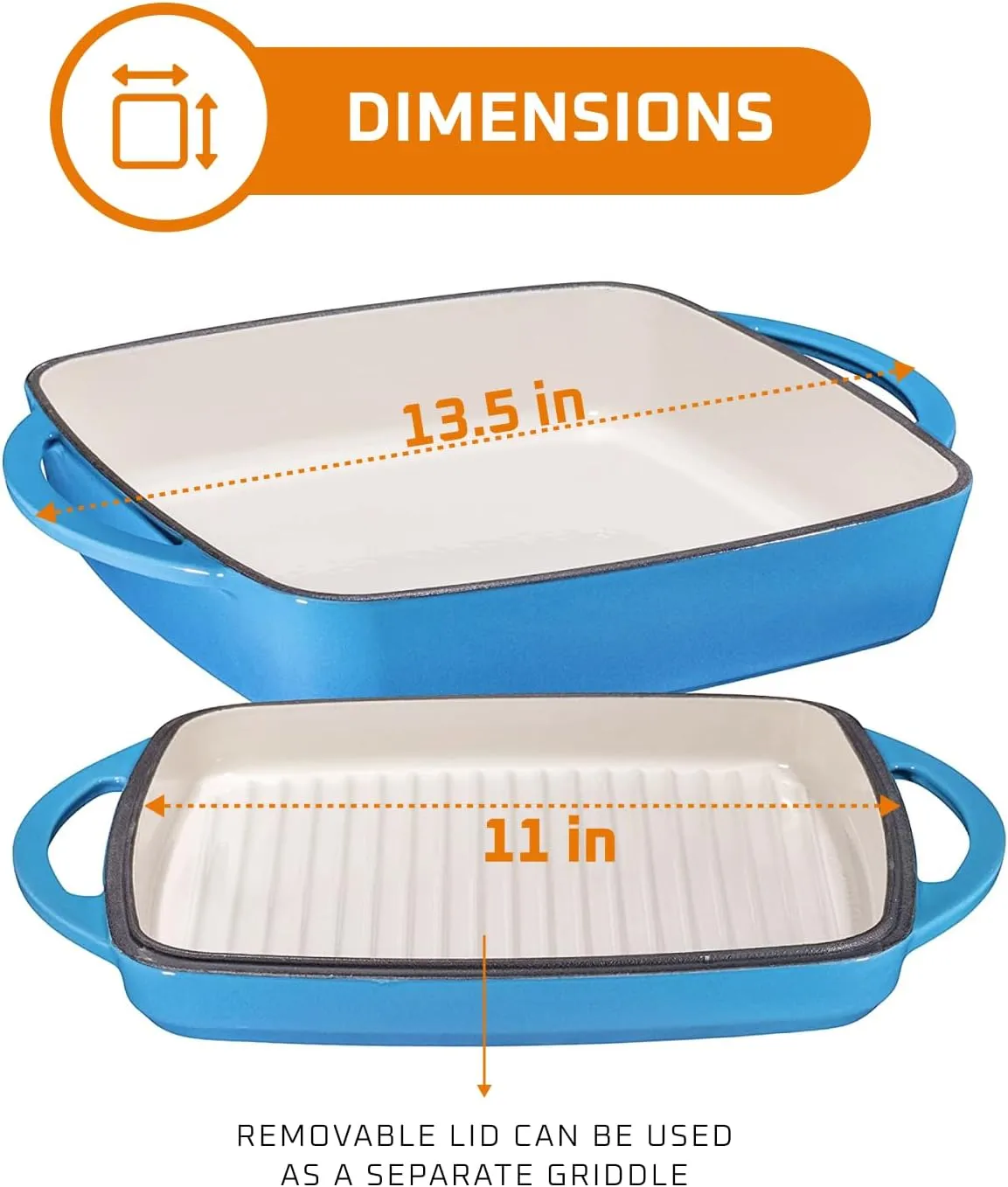 Bruntmor 2-in-1 Pre-Seasoned Square Cast Iron Dutch Oven with Dual Handles, Non Stick Pan with Grill, All-in-One Cookware Set, Cast Iron Casserole Dish with Lid for Braising Dishes,Whale Blue