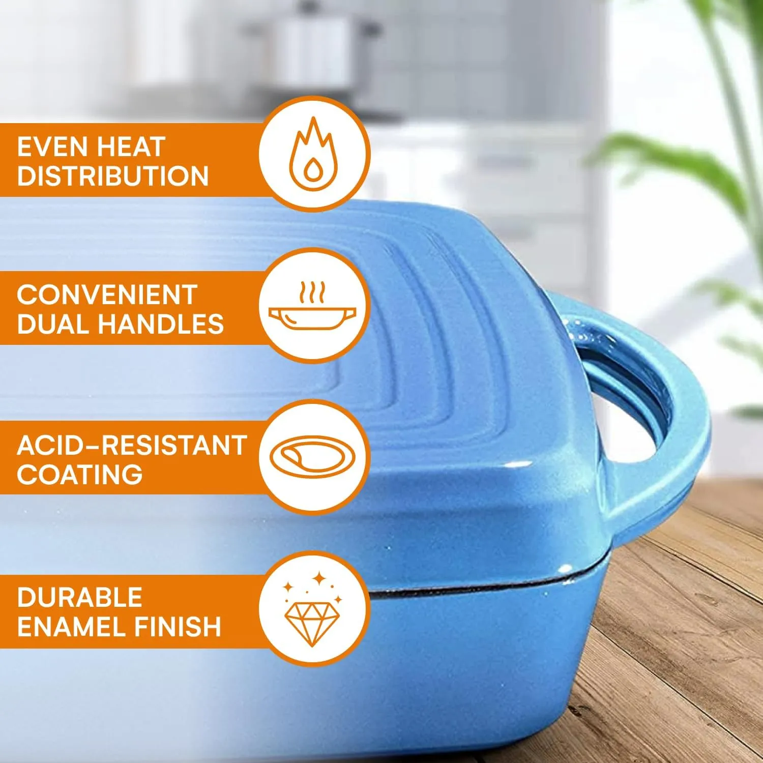 Bruntmor 2-in-1 Pre-Seasoned Square Cast Iron Dutch Oven with Dual Handles, Non Stick Pan with Grill, All-in-One Cookware Set, Cast Iron Casserole Dish with Lid for Braising Dishes,Whale Blue