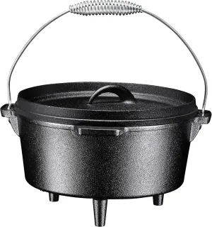 Bruntmor Round Cast Iron Dutch Oven Pot - Pre-Seasoned 3-Legged With Lid, 4-Quart, Metal Spring Handle - Campfire Cooking Equipment, Enameled Cookware Set