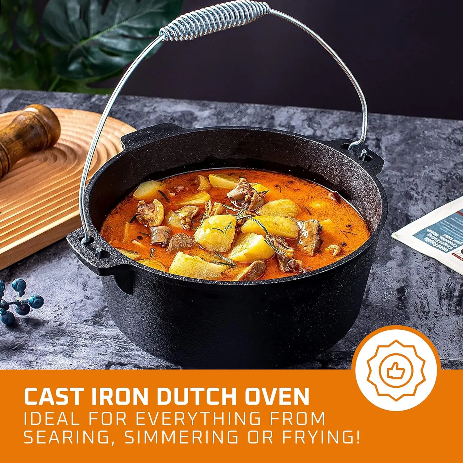 Bruntmor Round Cast Iron Dutch Oven Pot - Pre-Seasoned 3-Legged With Lid, 4-Quart, Metal Spring Handle - Campfire Cooking Equipment, Enameled Cookware Set