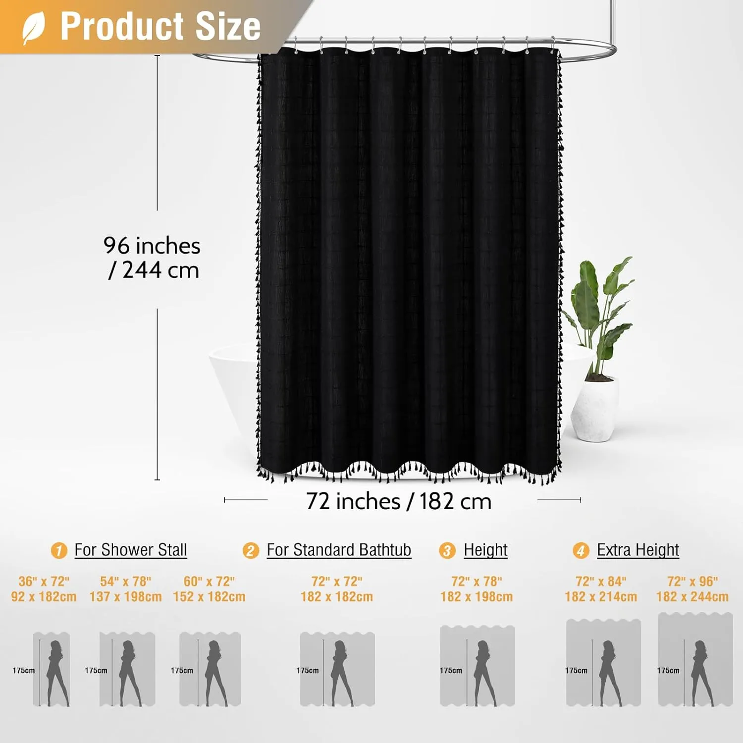 BTTN Extra Long Shower Curtain - 72x96 Inch Long Boho Chic Linen Fabric Heavy Duty Shower Curtain Set with Hooks, Tall Bohemian Farmhouse Luxury Tassel Cloth Shower Curtains for Bathroom - Black