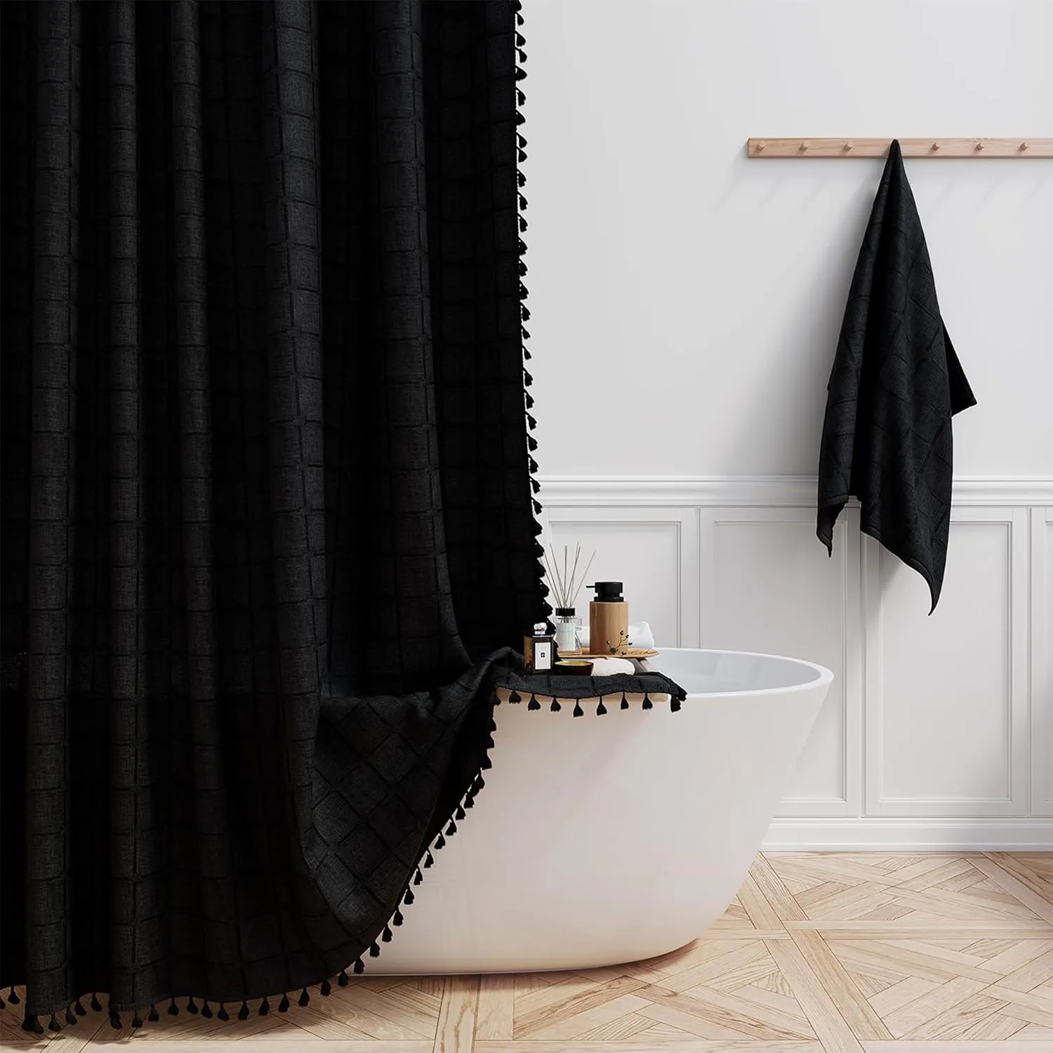 BTTN Extra Long Shower Curtain - 72x96 Inch Long Boho Chic Linen Fabric Heavy Duty Shower Curtain Set with Hooks, Tall Bohemian Farmhouse Luxury Tassel Cloth Shower Curtains for Bathroom - Black