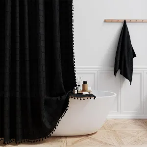 BTTN Extra Long Shower Curtain - 72x96 Inch Long Boho Chic Linen Fabric Heavy Duty Shower Curtain Set with Hooks, Tall Bohemian Farmhouse Luxury Tassel Cloth Shower Curtains for Bathroom - Black