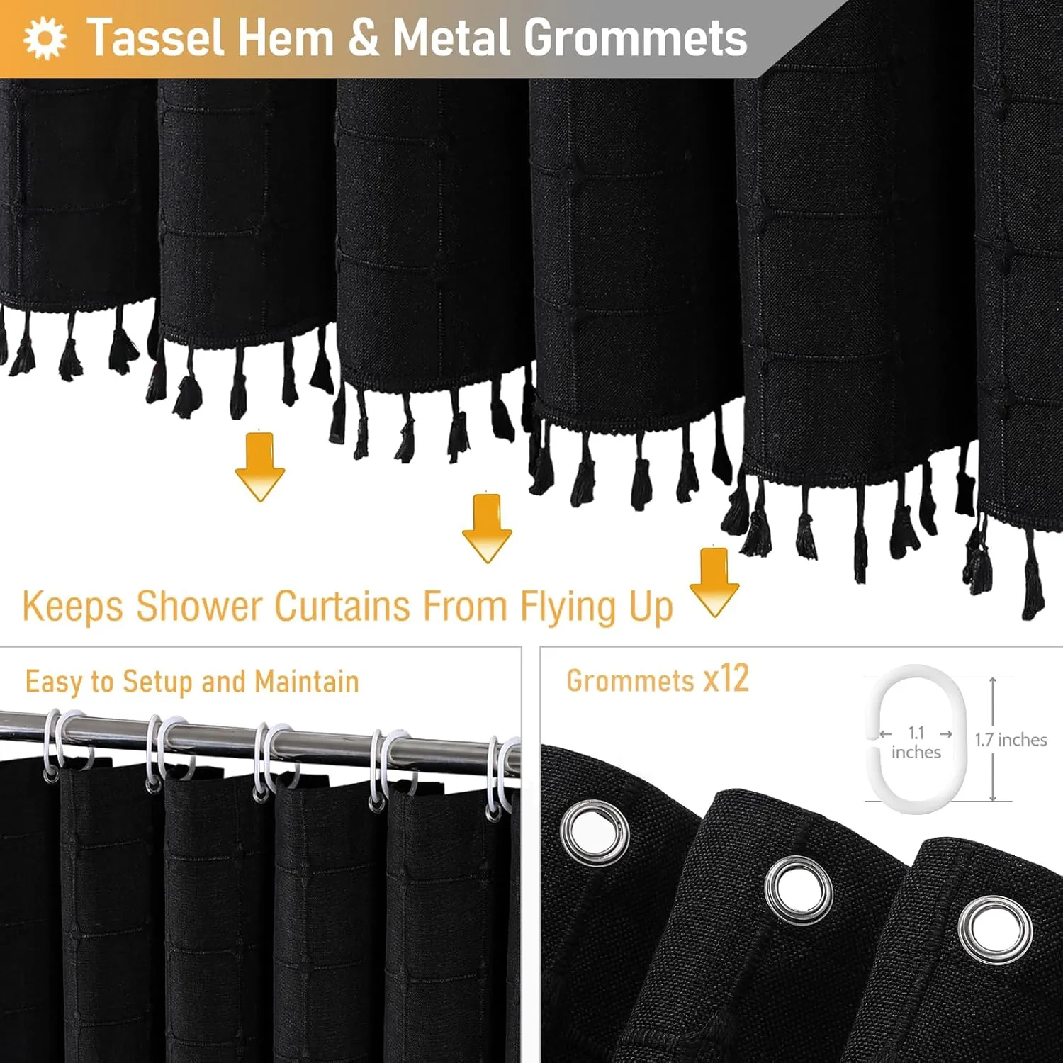 BTTN Extra Long Shower Curtain - 72x96 Inch Long Boho Chic Linen Fabric Heavy Duty Shower Curtain Set with Hooks, Tall Bohemian Farmhouse Luxury Tassel Cloth Shower Curtains for Bathroom - Black
