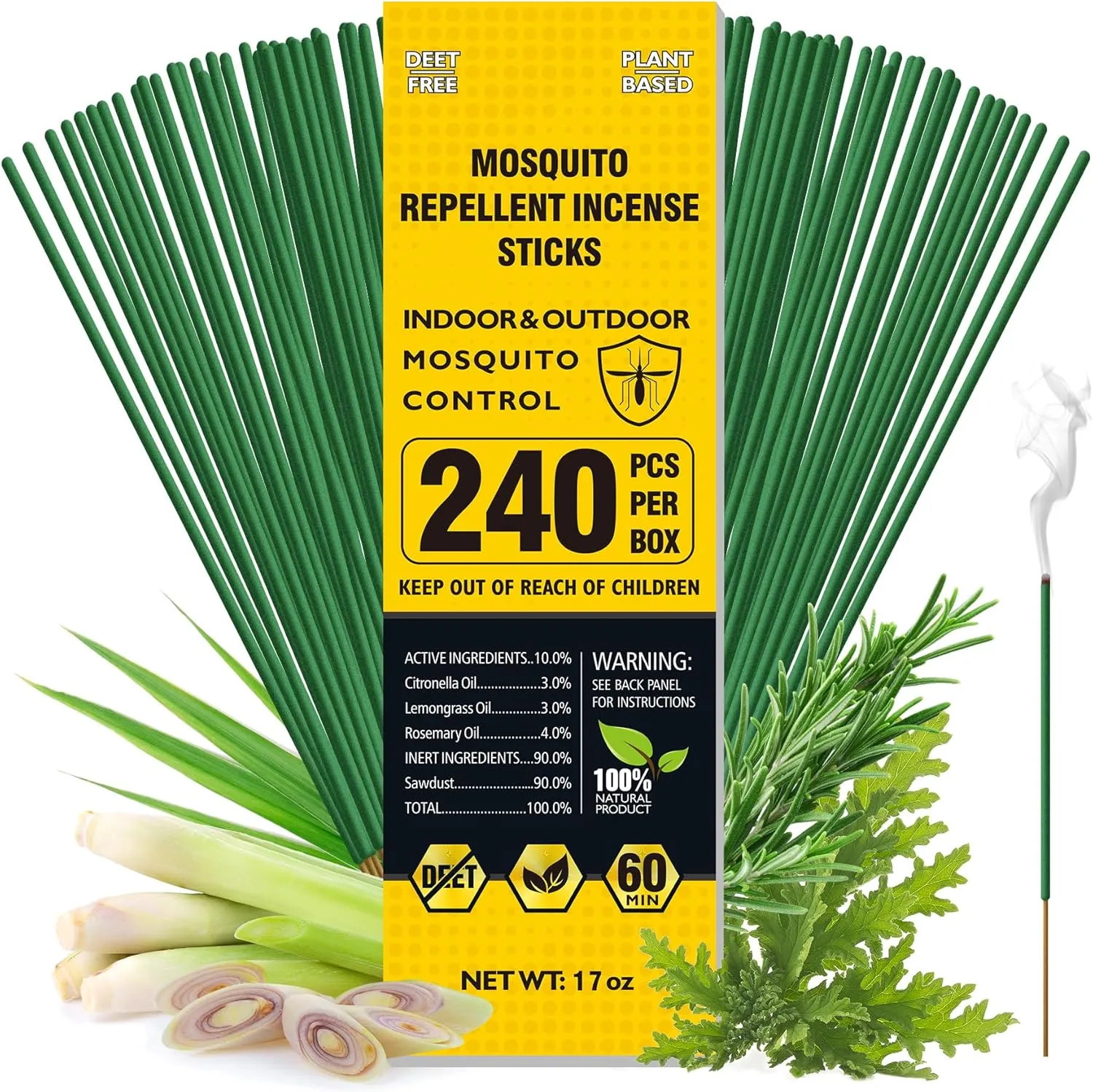 Bugbai® Mosquito Repellent Outdoor Patio, 240 PCS Natural Plant-Based Citronella Oil Incense Sticks Indoor Home Pet Family Safe, DEET Free Bug Insect Control Repellent for Yard Garden Camping Fishing