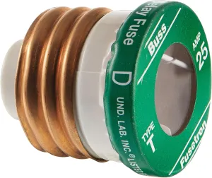 Bussmann T-25BC 25 Amp Type T Time-Delay Dual-Element Edison Base Plug Fuse. 125V UL Listed 1-In Bag