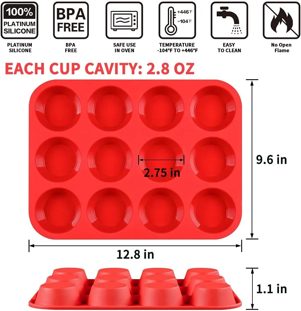 CAKETIME 12 Cups Silicone Muffin Pan - Regular Size Cupcake Pan Muffin Tin for Baking Nonstick Food Grade