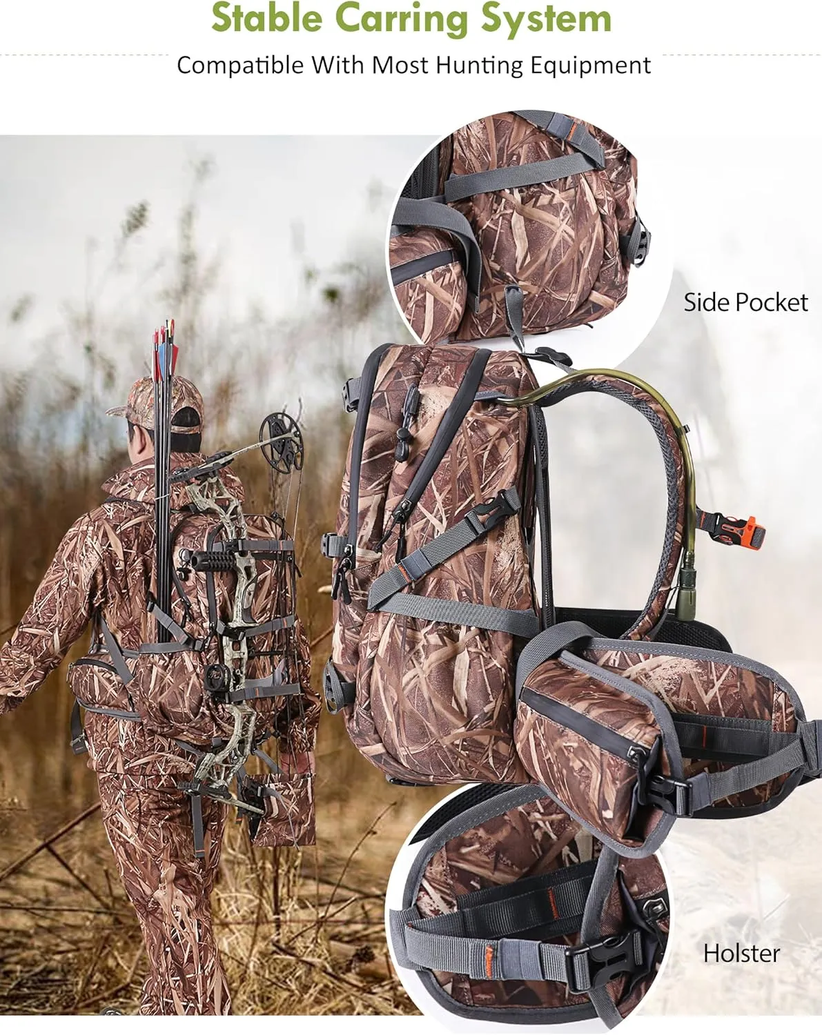 Camo Hunting Backpack for Men, 35L Durable Hunting Pack, 600D Daypack with Rain Cover, Interal Frame Support