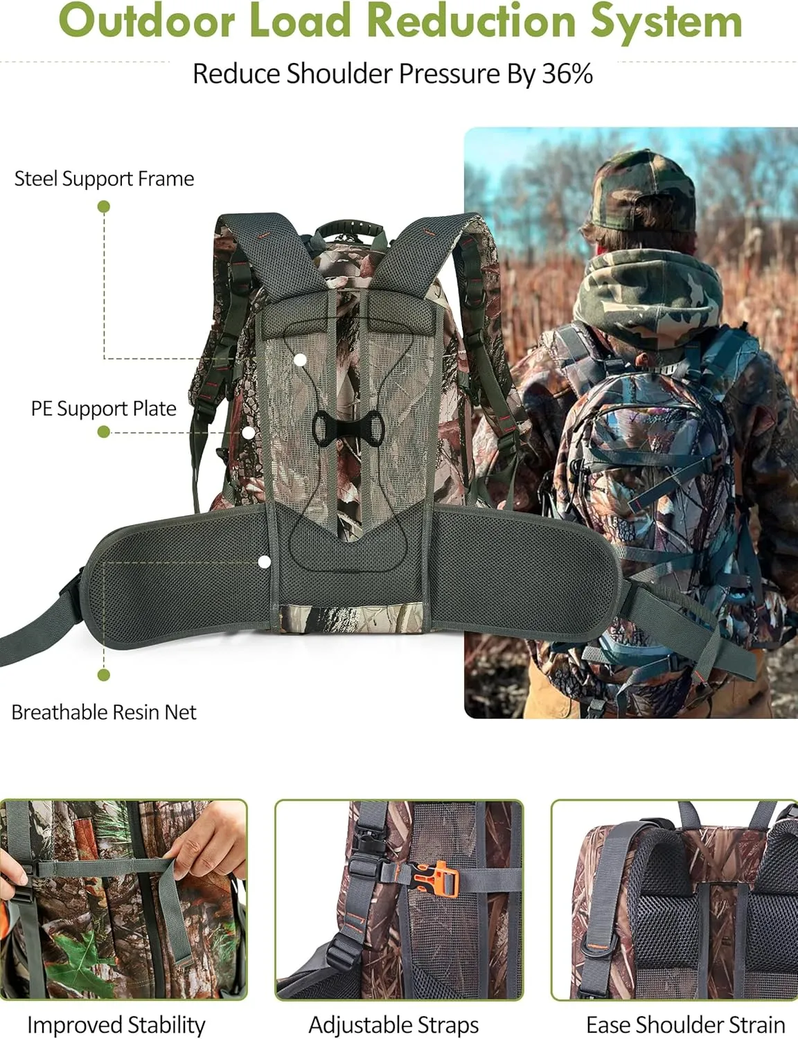 Camo Hunting Backpack for Men, 35L Durable Hunting Pack, 600D Daypack with Rain Cover, Interal Frame Support