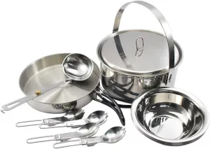 Camping Cookwa Mess Kit for 4 Persons Stainless Steel Cooking Set with Pot Pan Soup Spoon wls Folding Sporks Outdoor Cooking Equipment for Family Camping Hiking Picnic
