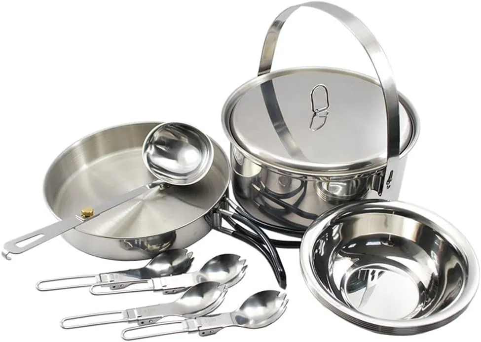 Camping Cookwa Mess Kit for 4 Persons Stainless Steel Cooking Set with Pot Pan Soup Spoon wls Folding Sporks Outdoor Cooking Equipment for Family Camping Hiking Picnic