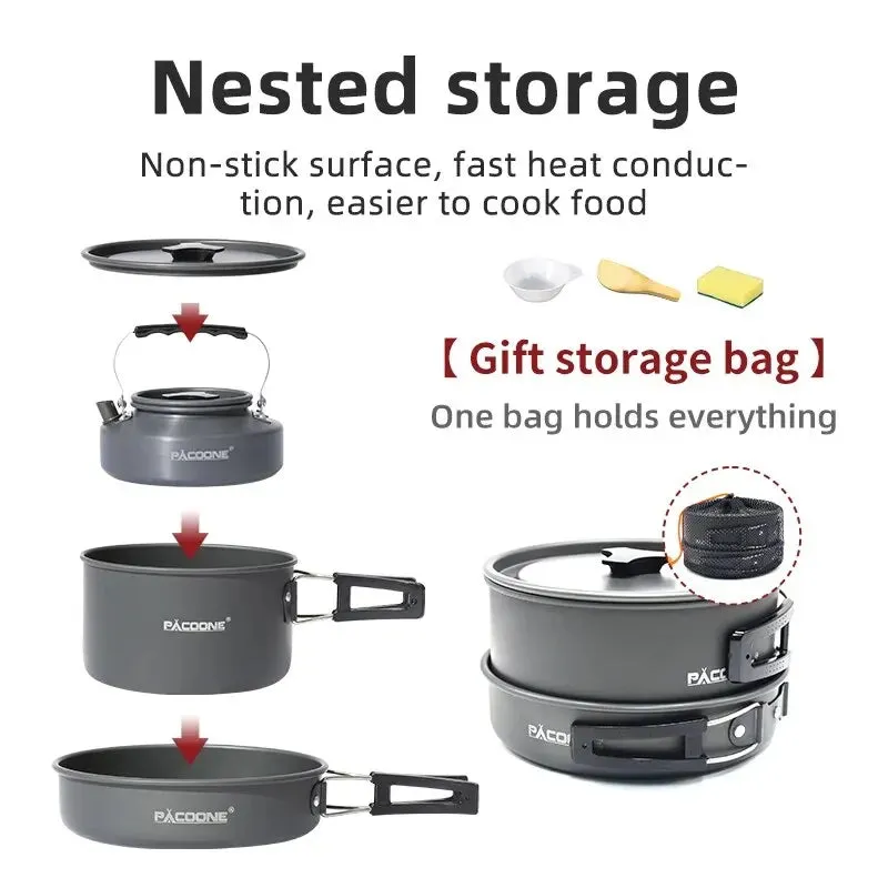 Camping Cookware Set - Portable Outdoor Cooking Kit with Pot, Water Kettle, Pan, and Tableware for Hiking and Picnics