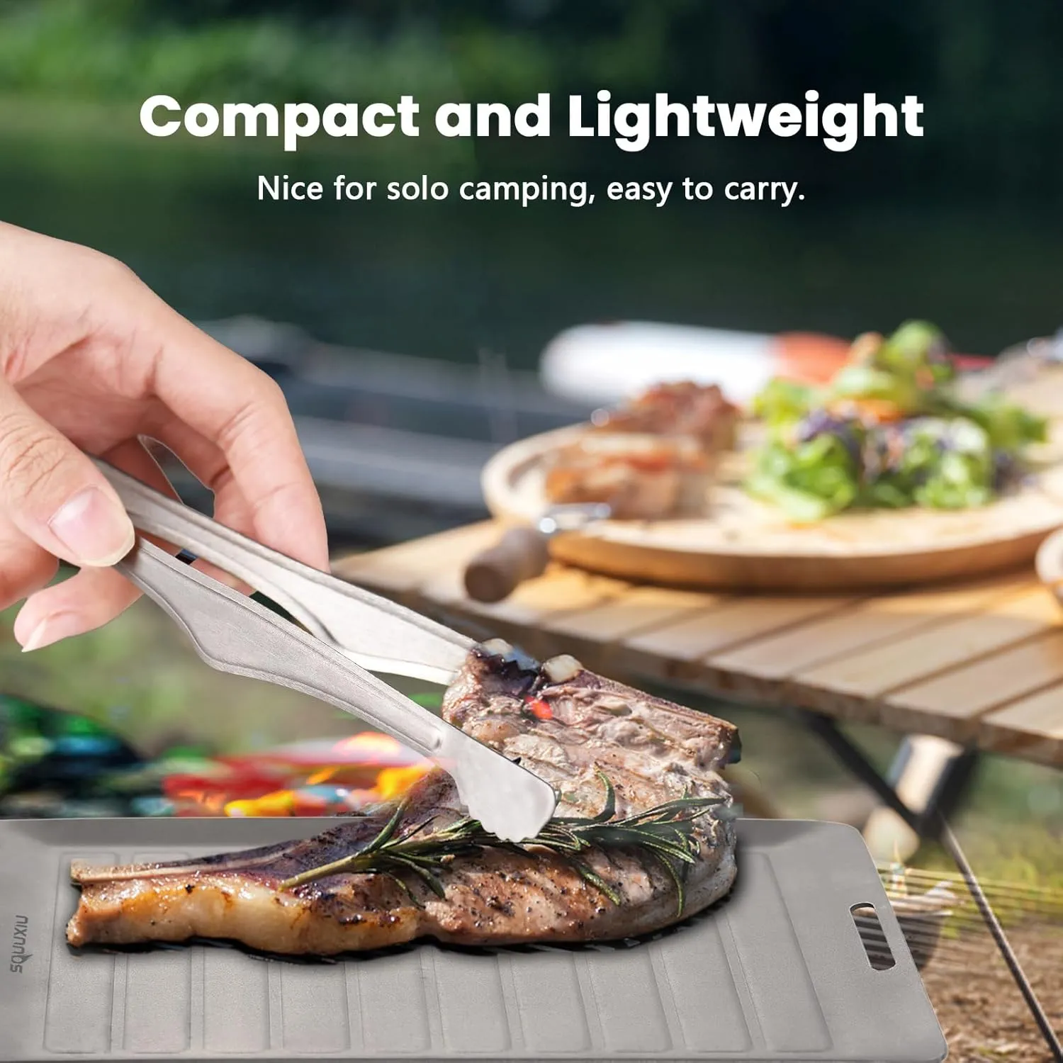 Camping Grill Pan BBQ Tongs Set Portable 3 Piece Set Durability Ti,Robust Camping Utensils Non Stick Surface for BBQ Grill Flat Top Griddle (Plate and BBQ Tongs L)