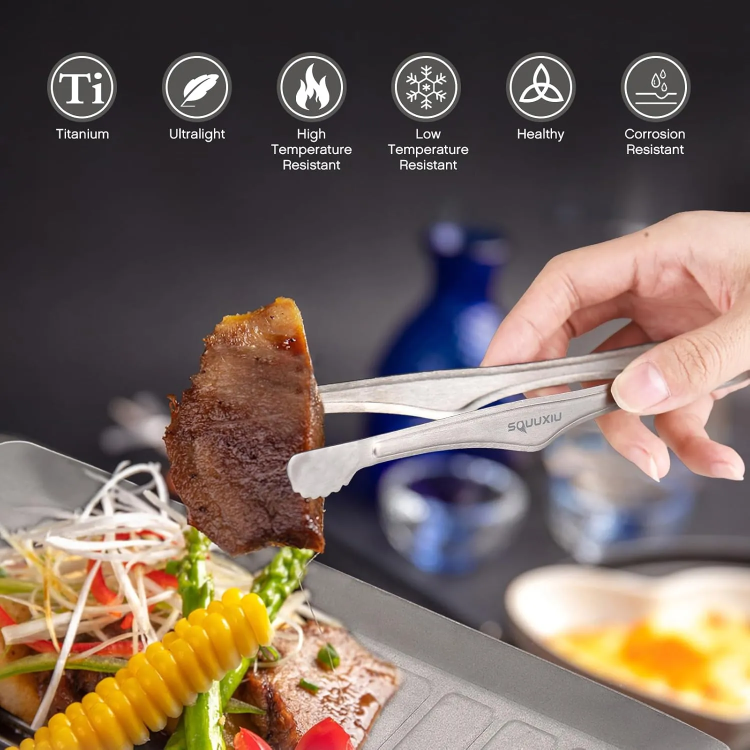 Camping Grill Pan BBQ Tongs Set Portable 3 Piece Set Durability Ti,Robust Camping Utensils Non Stick Surface for BBQ Grill Flat Top Griddle (Plate and BBQ Tongs L)