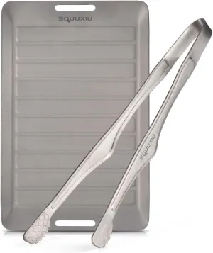 Camping Grill Pan BBQ Tongs Set Portable 3 Piece Set Durability Ti,Robust Camping Utensils Non Stick Surface for BBQ Grill Flat Top Griddle (Plate and BBQ Tongs L)