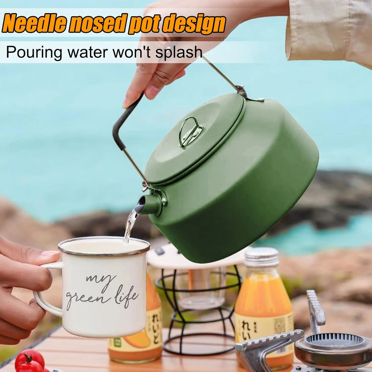 Camping Kettle Camp Tea Coffee Pot, 1.6L Stainless Steel Outdoor Campfire Camp kettle, Portable Lightweight Teapot Fast Heating Boiling Water, Ideal for Hiking Picnic Travel, Green