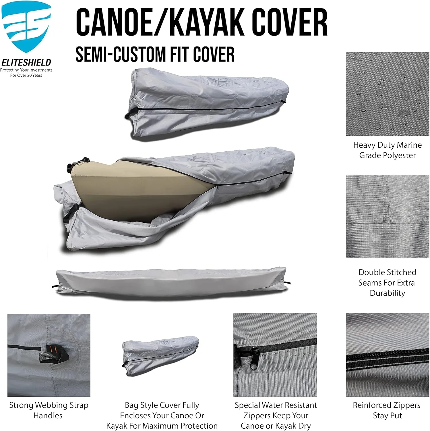 Canoe Cover Kayak Cover; Waterproof UV Resistant Marine Grade Polyester for Canoe Kayak Storage Cover fits 15 ft-16 ft Long, 116 Inches Girth Gray Color
