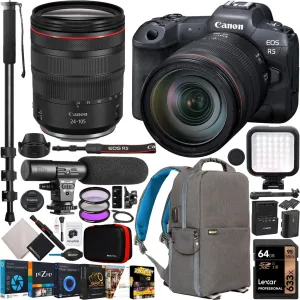 Canon EOS R5 Full Frame Mirrorless Camera Body with RF 24-105mm F4 L is USM Zoom Lens 4147C013 Bundle with Deco Gear Photography Backpack   Monopod   Microphone   LED   Pro Accessories & Software Kit
