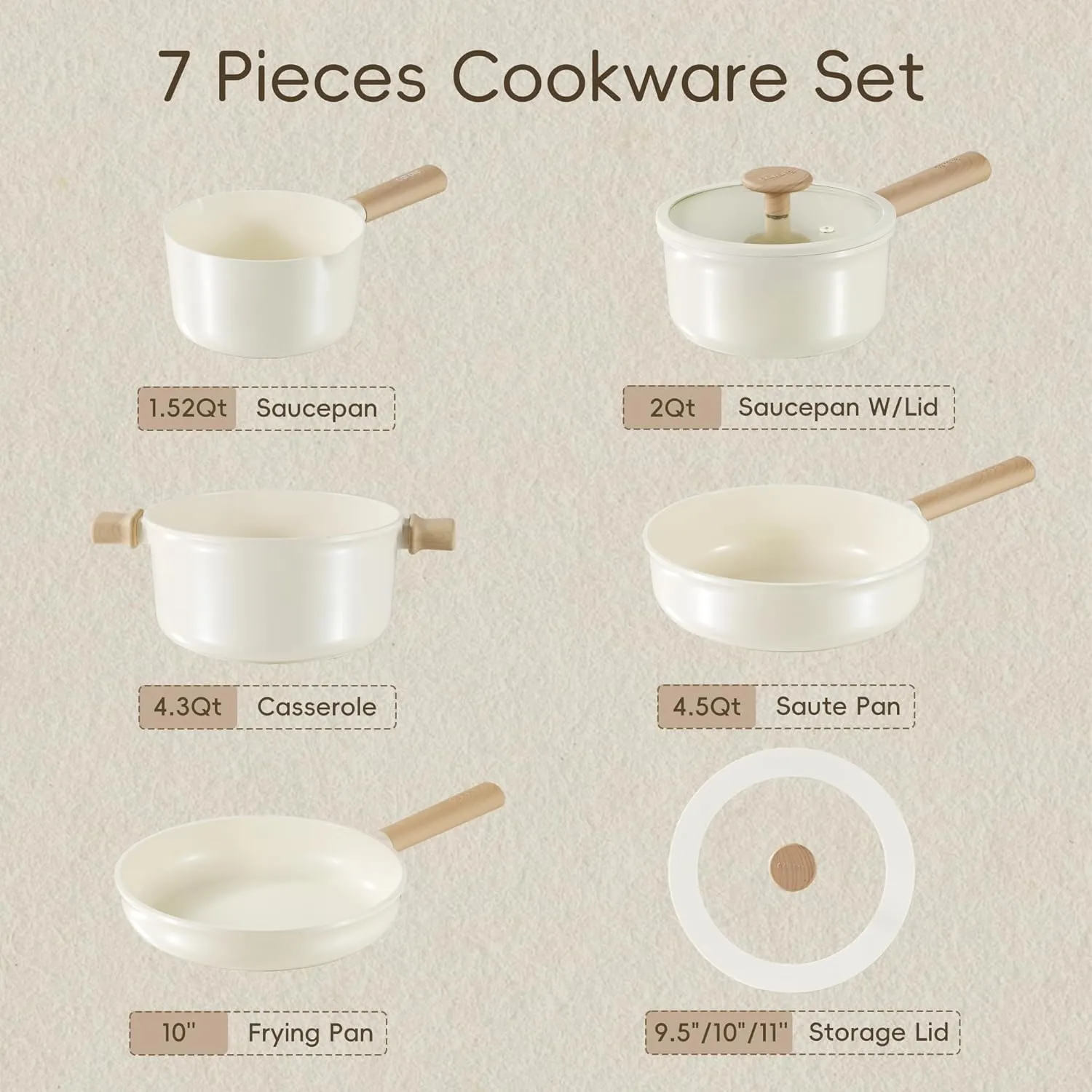 CAROTE Ceramic Pots and Pans Set Non Stick, Non-Toxic Cookwares, Healthy Ceramic Cookware Set 7Pcs，PFAS/PFOA Free，Kitchen Induction Cooking Sets Dishwasher Safe, Cream