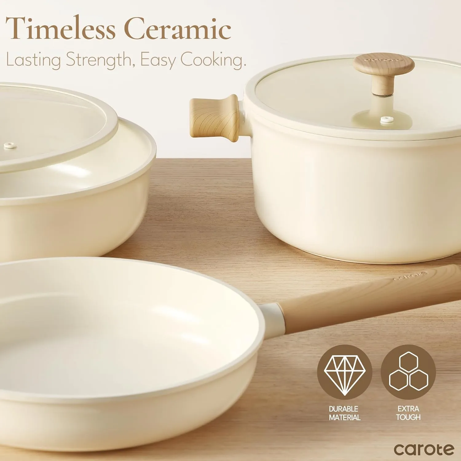 CAROTE Ceramic Pots and Pans Set Non Stick, Non-Toxic Cookwares, Healthy Ceramic Cookware Set 7Pcs，PFAS/PFOA Free，Kitchen Induction Cooking Sets Dishwasher Safe, Cream