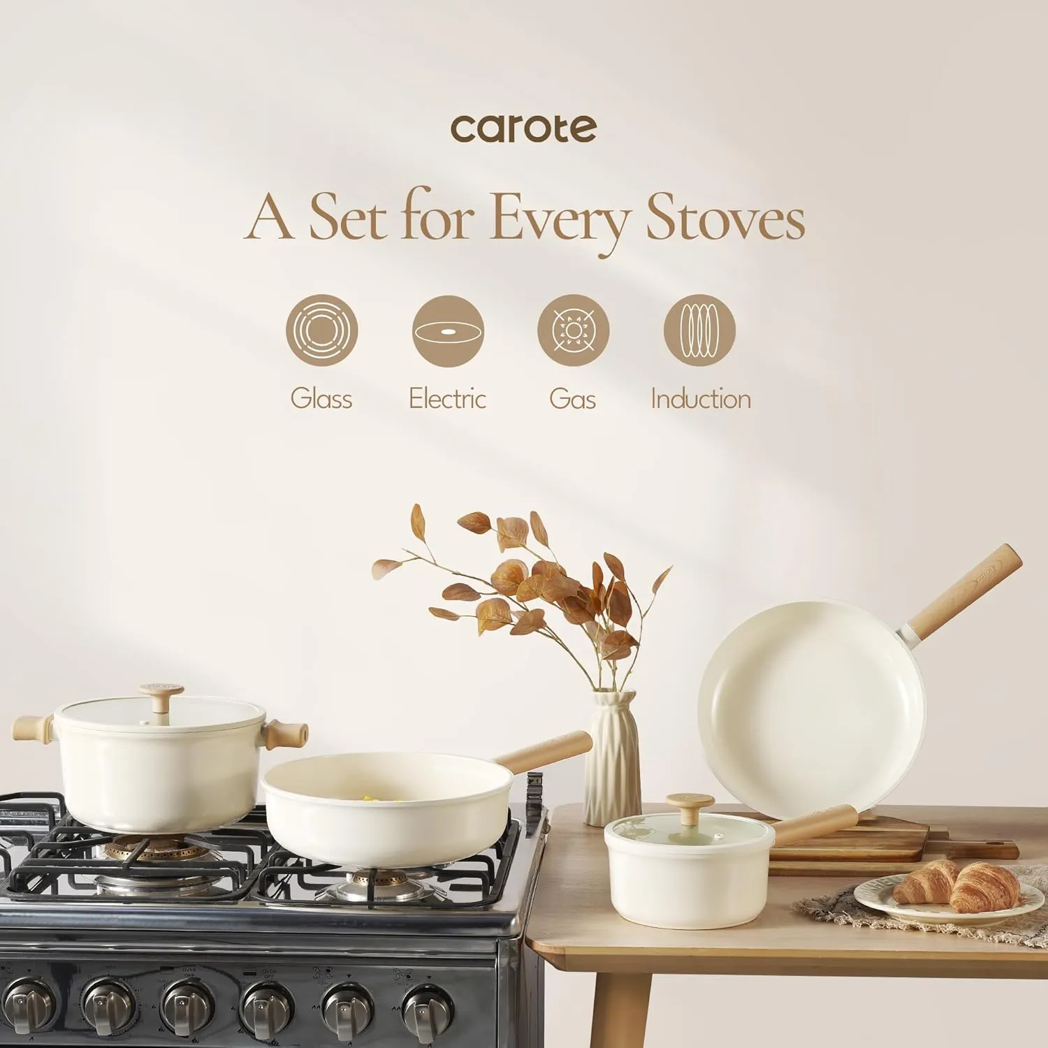 CAROTE Ceramic Pots and Pans Set Non Stick, Non-Toxic Cookwares, Healthy Ceramic Cookware Set 7Pcs，PFAS/PFOA Free，Kitchen Induction Cooking Sets Dishwasher Safe, Cream