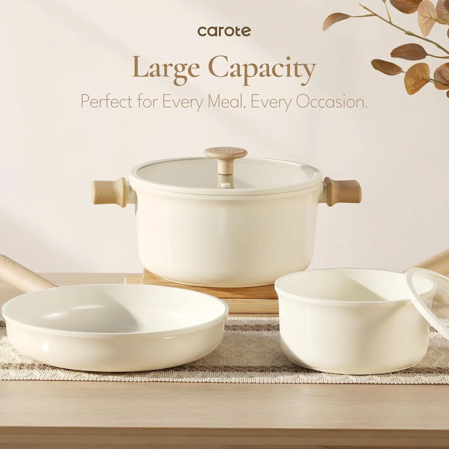 CAROTE Ceramic Pots and Pans Set Non Stick, Non-Toxic Cookwares, Healthy Ceramic Cookware Set 7Pcs，PFAS/PFOA Free，Kitchen Induction Cooking Sets Dishwasher Safe, Cream
