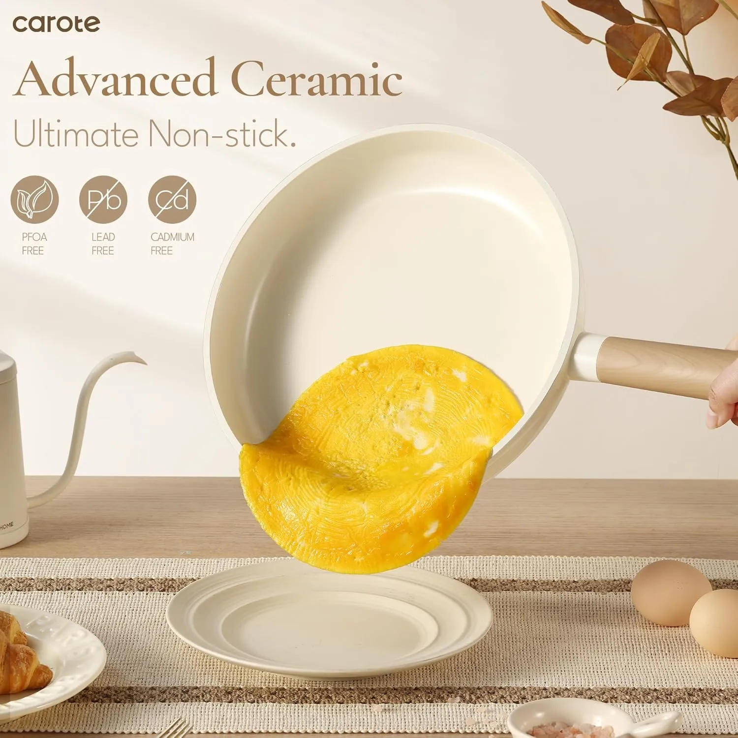 CAROTE Ceramic Pots and Pans Set Non Stick, Non-Toxic Cookwares, Healthy Ceramic Cookware Set 7Pcs，PFAS/PFOA Free，Kitchen Induction Cooking Sets Dishwasher Safe, Cream