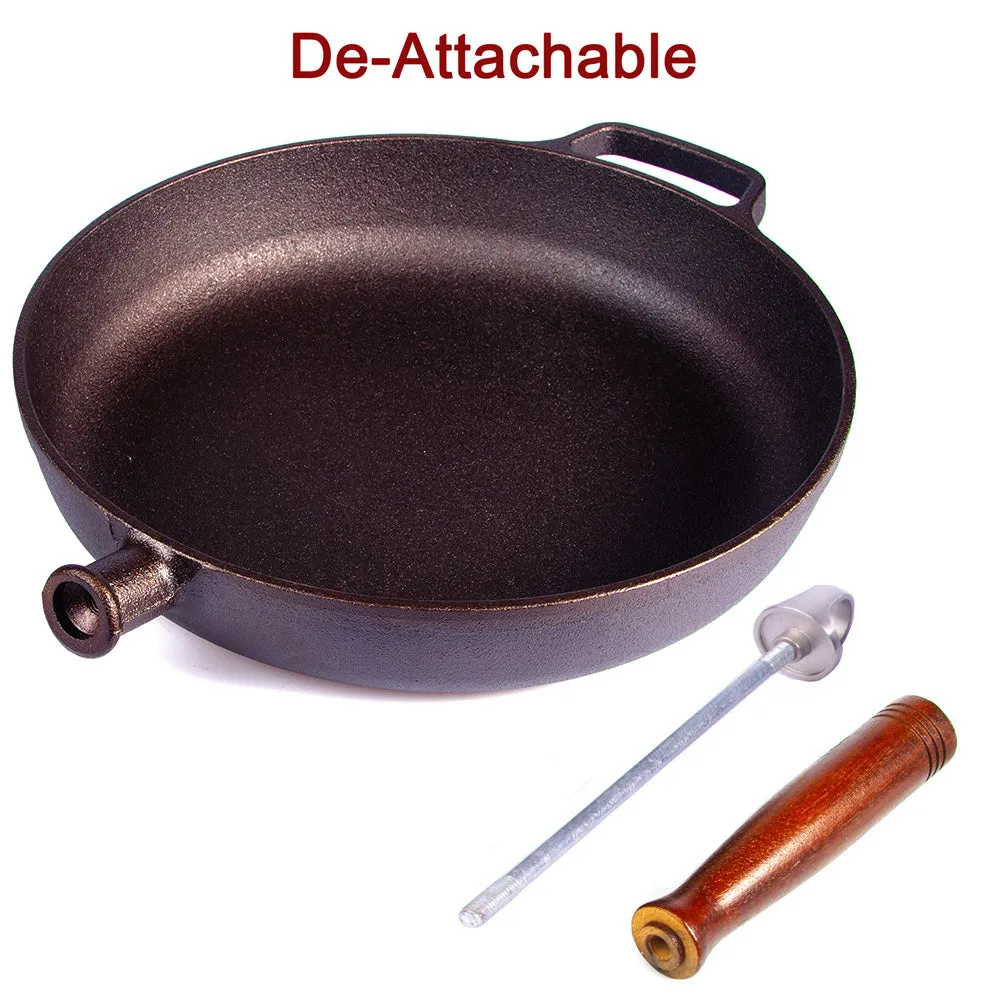 Cast Iron Fry Pan 29cm Pre-Seasoned Cookware with Heat-Resistant Wooden Handle