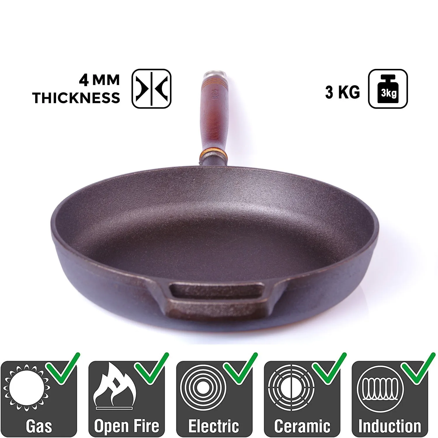 Cast Iron Fry Pan 29cm Pre-Seasoned Cookware with Heat-Resistant Wooden Handle