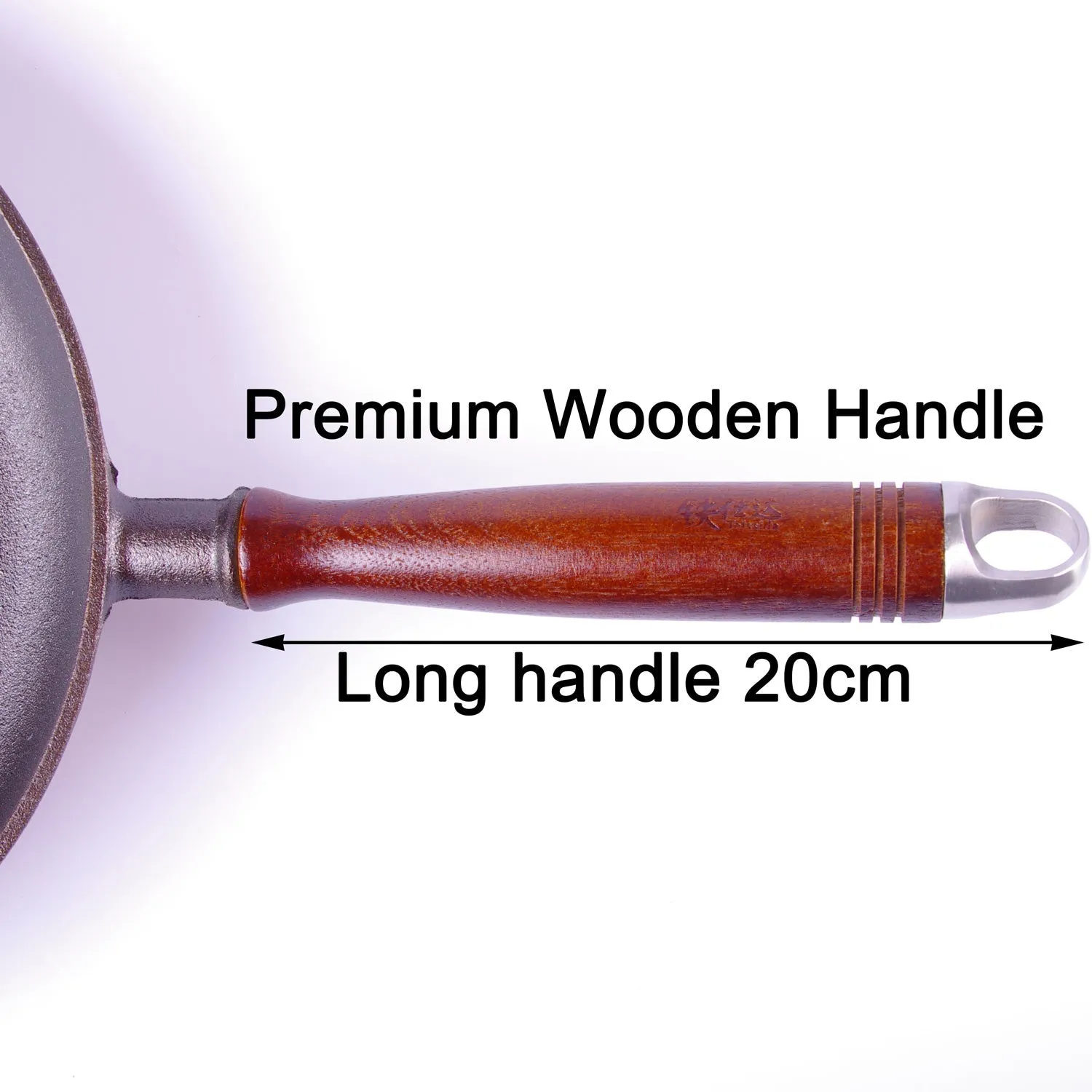 Cast Iron Fry Pan 29cm Pre-Seasoned Cookware with Heat-Resistant Wooden Handle