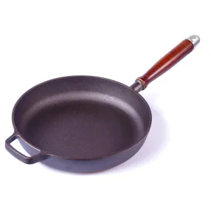 Cast Iron Fry Pan 29cm Pre-Seasoned Cookware with Heat-Resistant Wooden Handle