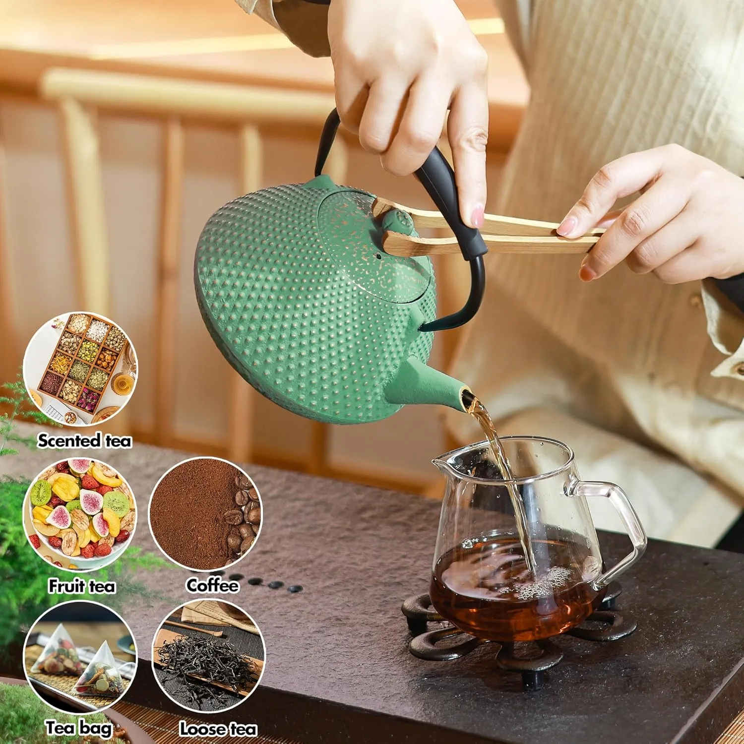 Cast Iron Teapot, 26oz Tea Kettle Stovetop Safe with Infuser for Tea & Coffee, Hand made Japanese Tea Pot Coated with Enameled Interior, Silicone Handle, 780ml Black