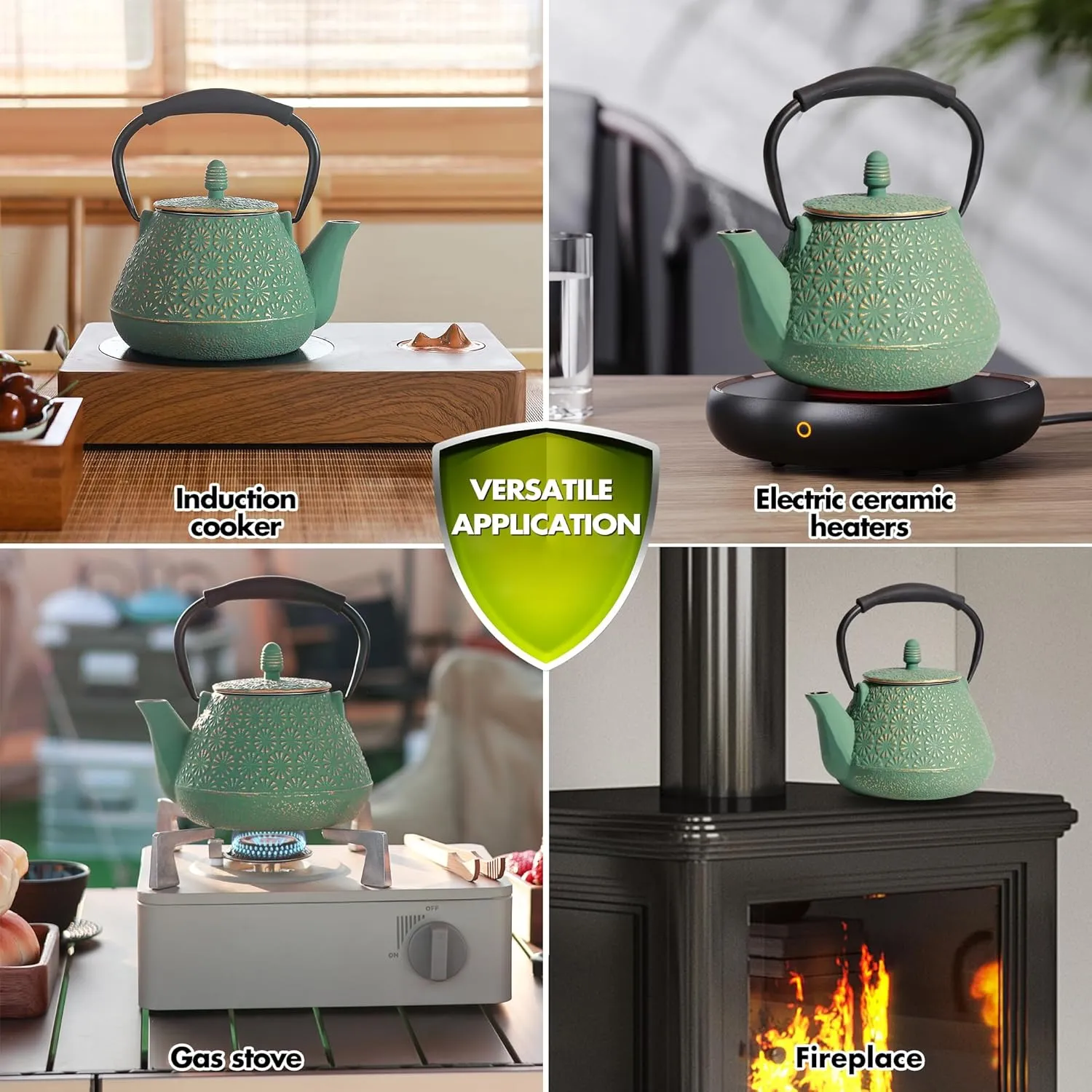 Cast Iron Teapot, 32oz Japanese Sakura Blossom Pattern Tea Kettle, Stovetop Safe, Infuser for Loose Leaf & Coffee, Silicone Handle, Enamel Interior, 950ml Green
