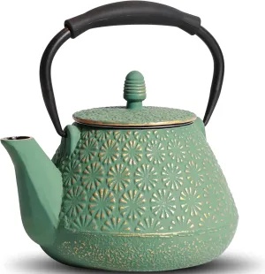 Cast Iron Teapot, 32oz Japanese Sakura Blossom Pattern Tea Kettle, Stovetop Safe, Infuser for Loose Leaf & Coffee, Silicone Handle, Enamel Interior, 950ml Green