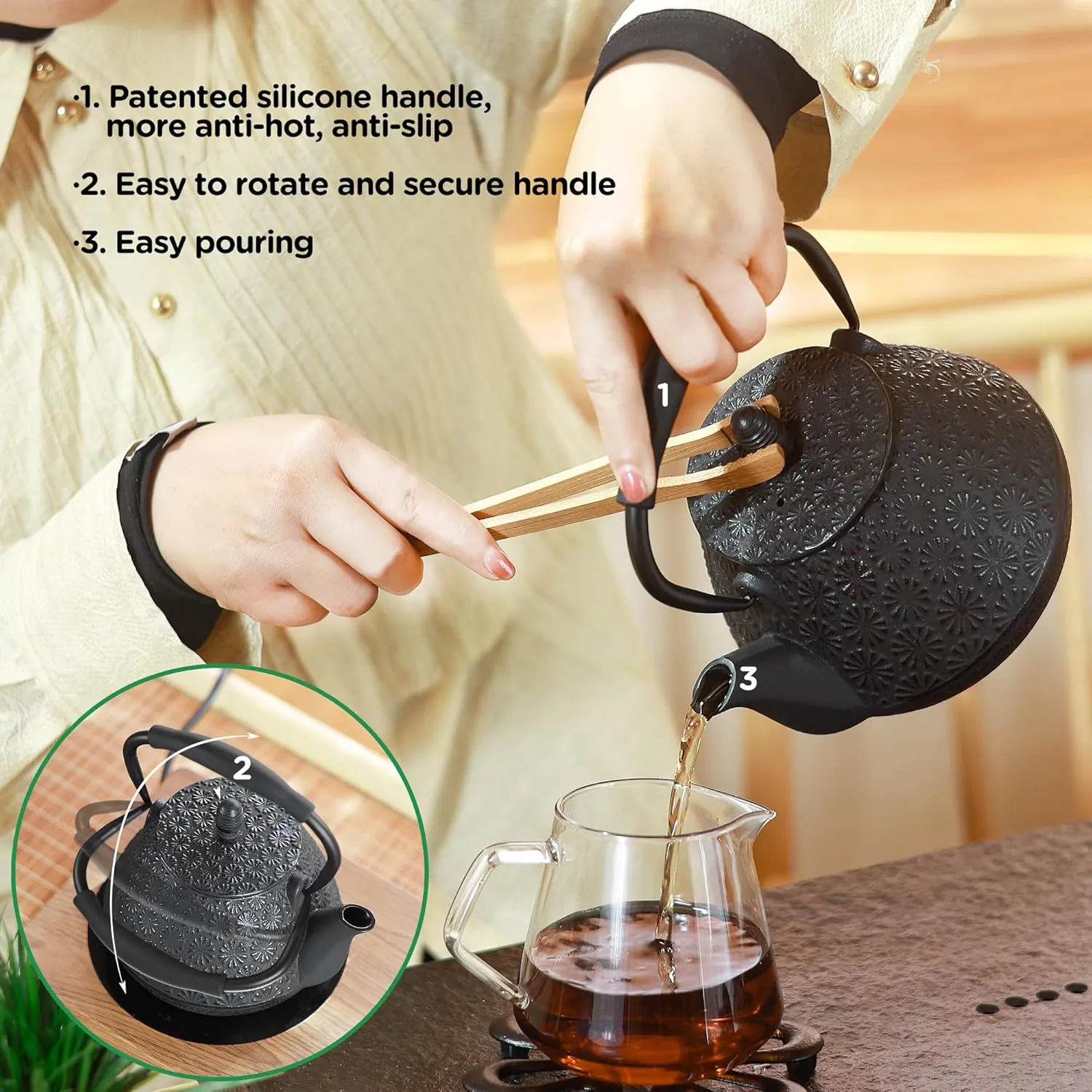 Cast Iron Teapot, 32oz Japanese Sakura Blossom Pattern Tea Kettle, Stovetop Safe, Infuser for Loose Leaf & Coffee, Silicone Handle, Enamel Interior, 950ml Green