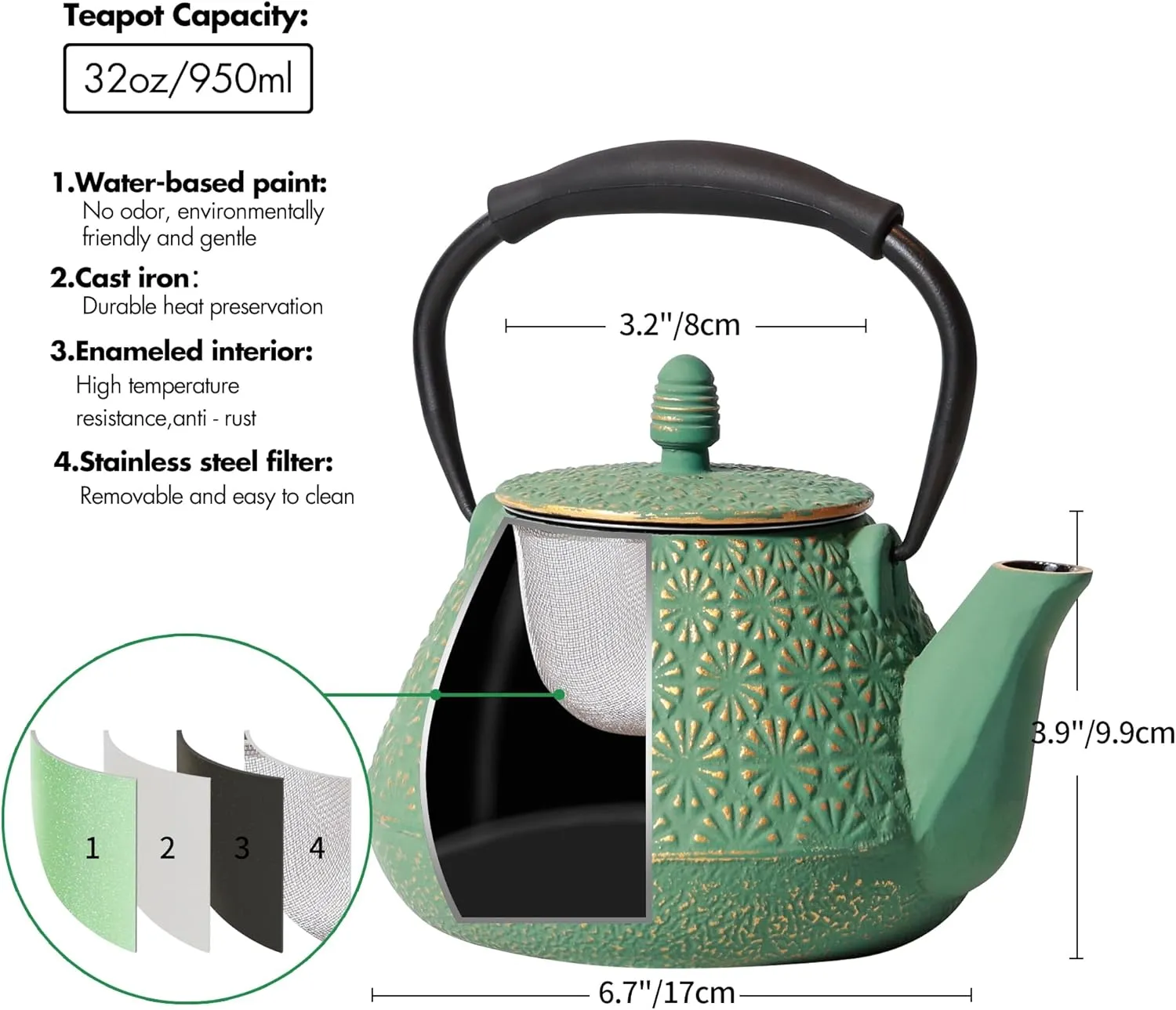 Cast Iron Teapot, 32oz Japanese Sakura Blossom Pattern Tea Kettle, Stovetop Safe, Infuser for Loose Leaf & Coffee, Silicone Handle, Enamel Interior, 950ml Green