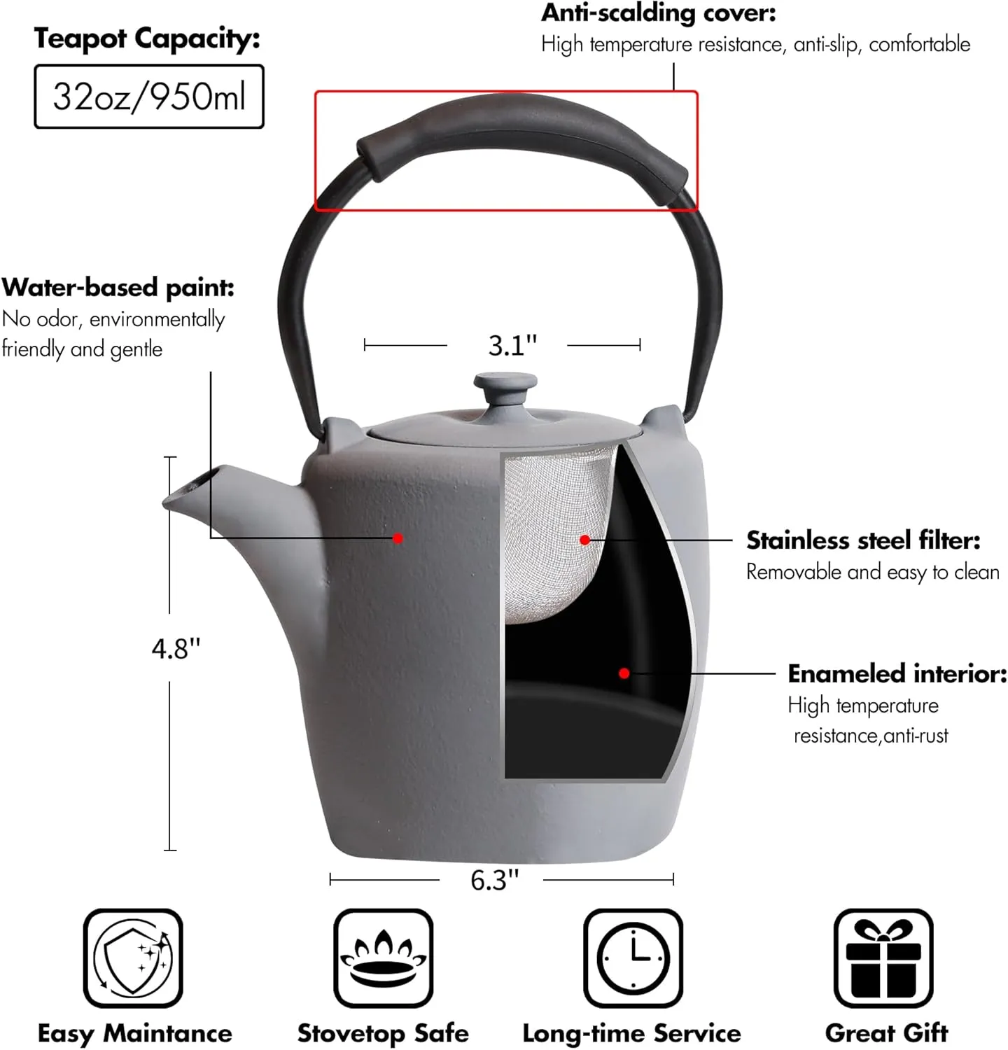 Cast Iron Teapot, 32oz Tea Kettle Stovetop Safe with Infuser for Tea Coffee, Japanese Irregular Molding Tea Pot with Enameled Interior, Silicone Handle, 950ml Light Grey